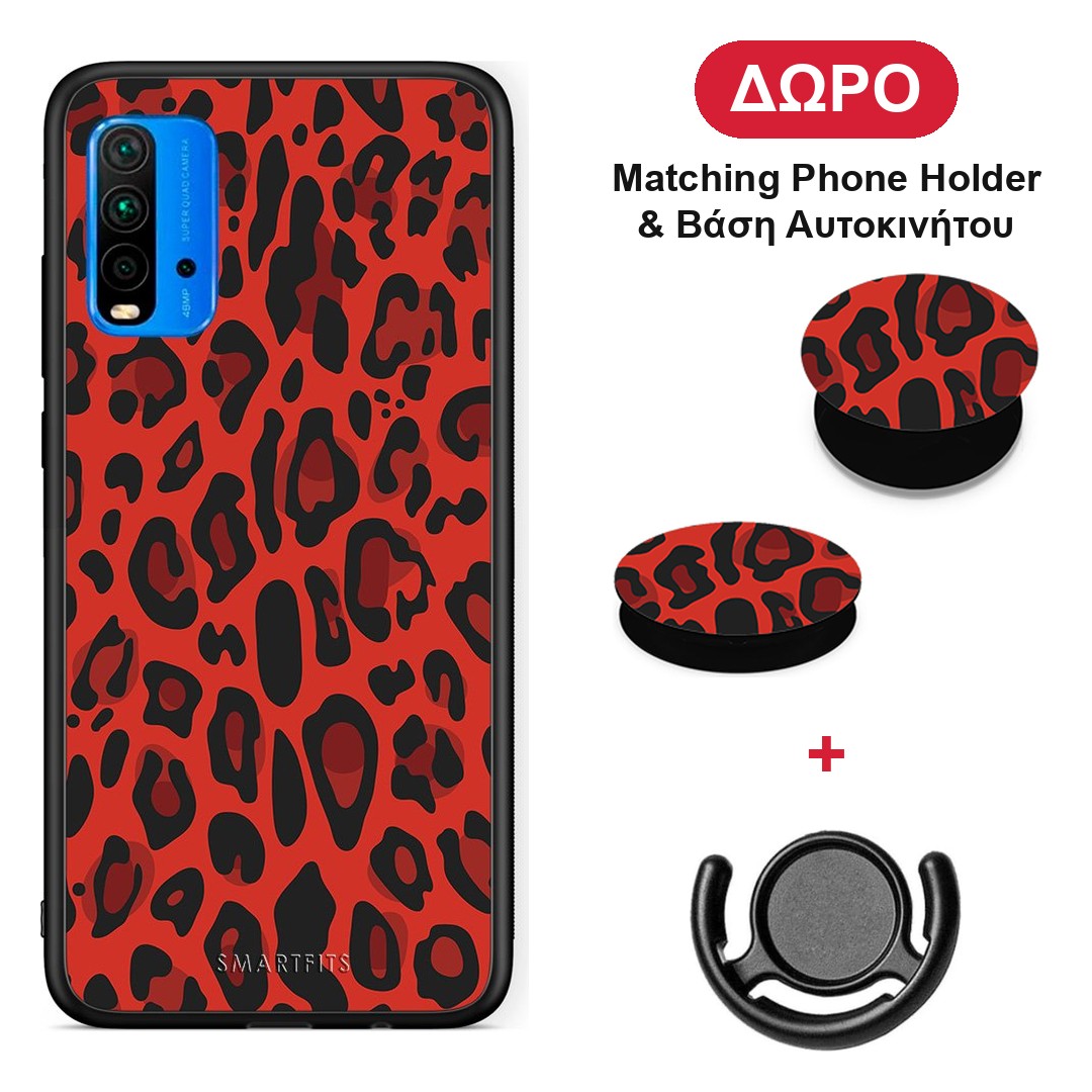Animal Red Leopard - Xiaomi Redmi 9T θήκη + Δώρο Phone Holder & Βάση Αυτοκινήτου