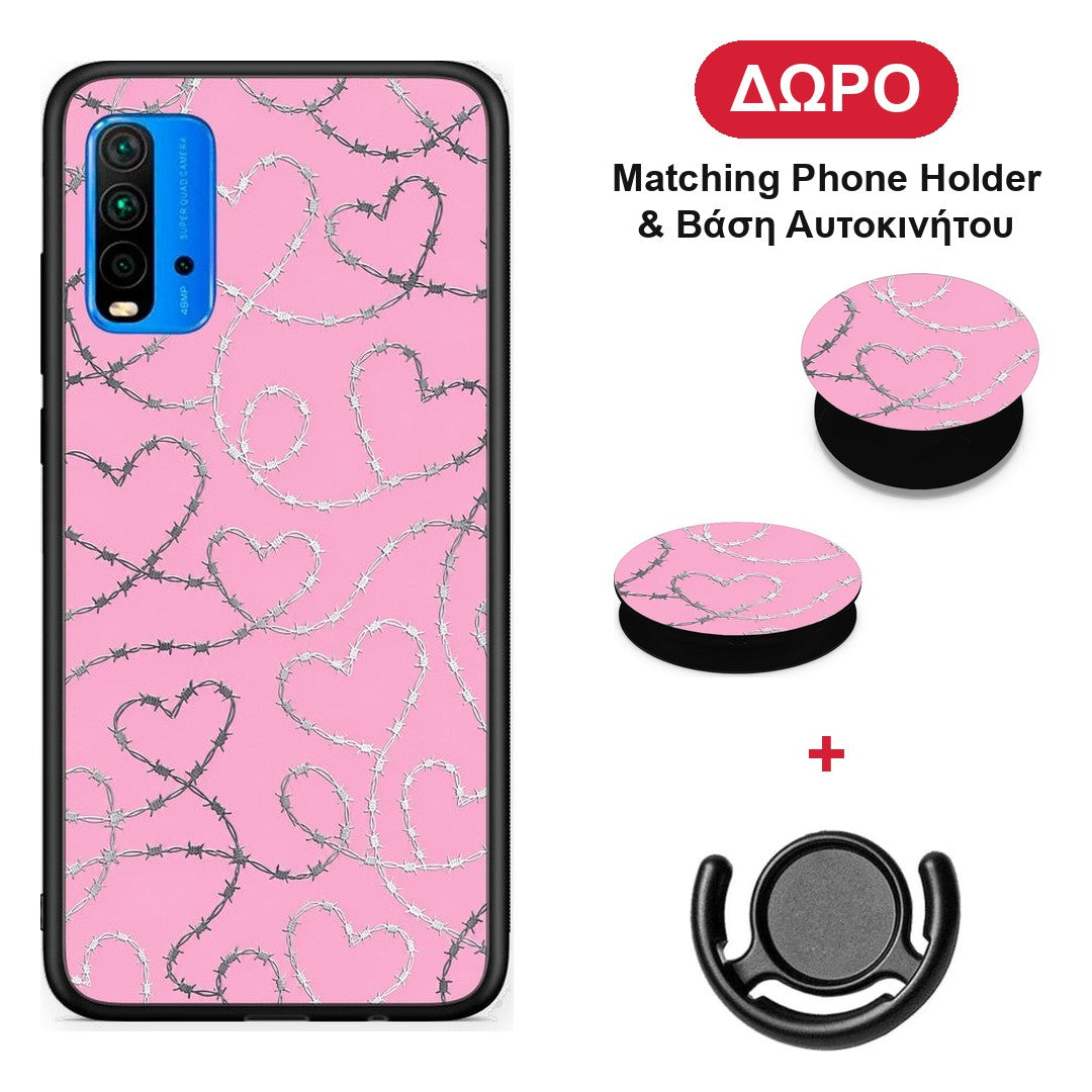 Barbed Wire Hearts on Pink - Xiaomi Redmi 9T θήκη + Δώρο Phone Holder & Βάση Αυτοκινήτου