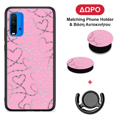 Barbed Wire Hearts on Pink - Xiaomi Redmi 9T θήκη + Δώρο Phone Holder & Βάση Αυτοκινήτου