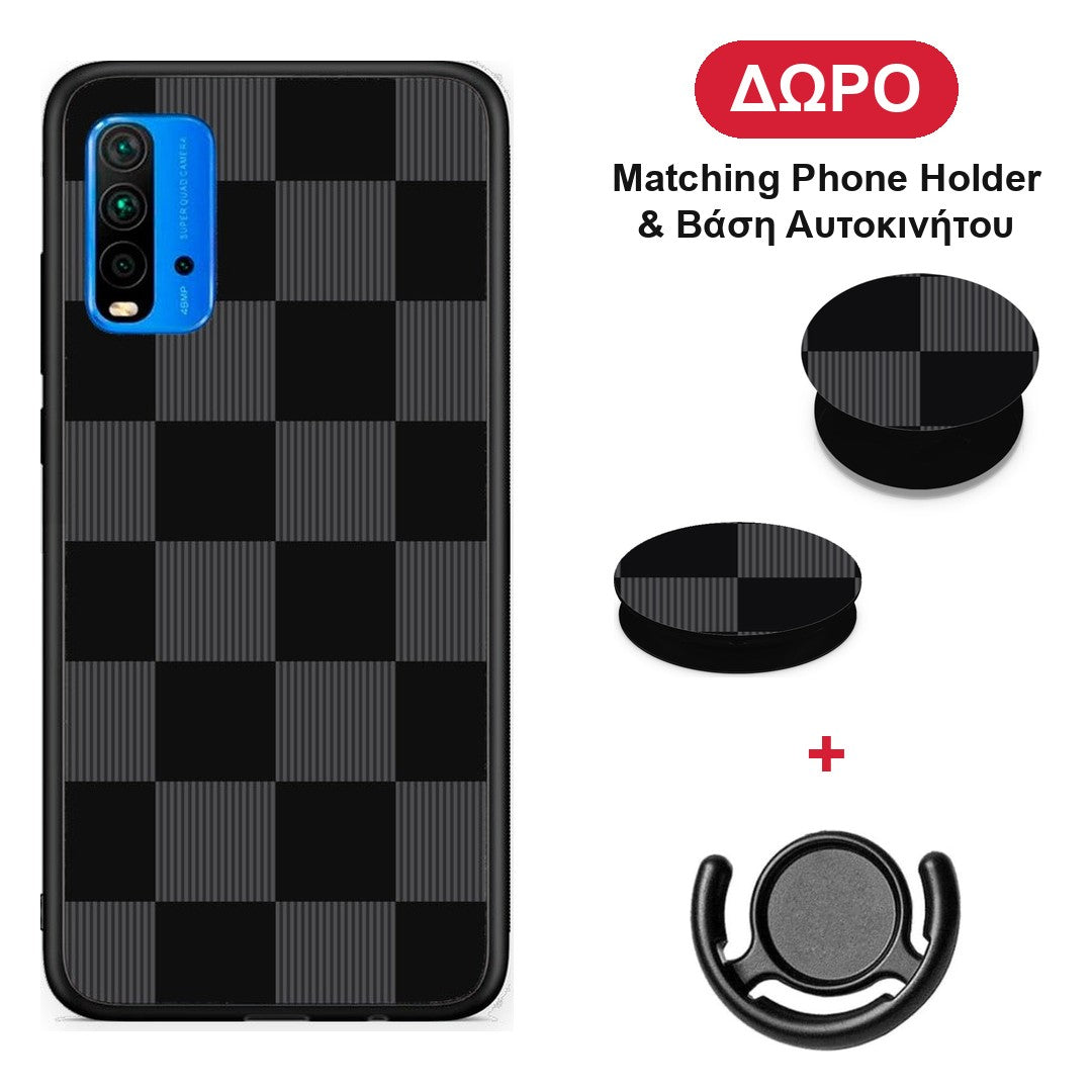 Black and Charcoal Striped Checks - Xiaomi Redmi 9T θήκη + Δώρο Phone Holder & Βάση Αυτοκινήτου