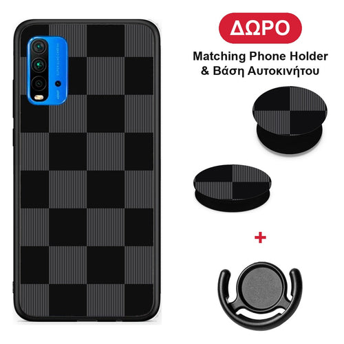 Black and Charcoal Striped Checks - Xiaomi Redmi 9T θήκη + Δώρο Phone Holder & Βάση Αυτοκινήτου