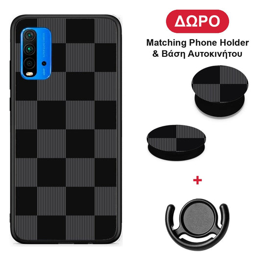 Black and Charcoal Striped Checks - Xiaomi Redmi 9T θήκη + Δώρο Phone Holder & Βάση Αυτοκινήτου