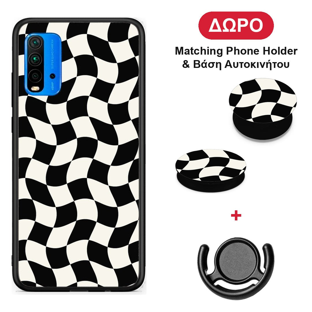 Black and Cream Wavy Checkerboard - Xiaomi Redmi 9T θήκη + Δώρο Phone Holder & Βάση Αυτοκινήτου