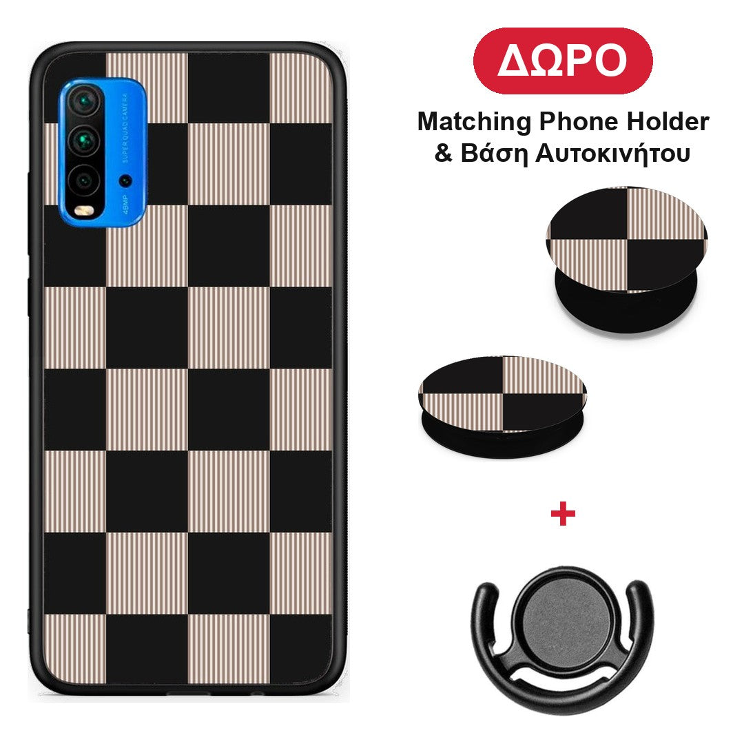 Black and Taupe Striped Checks - Xiaomi Redmi 9T θήκη + Δώρο Phone Holder & Βάση Αυτοκινήτου