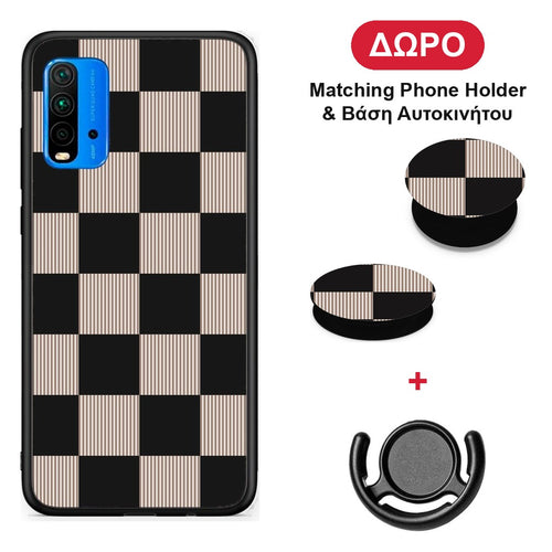 Black and Taupe Striped Checks - Xiaomi Redmi 9T θήκη + Δώρο Phone Holder & Βάση Αυτοκινήτου
