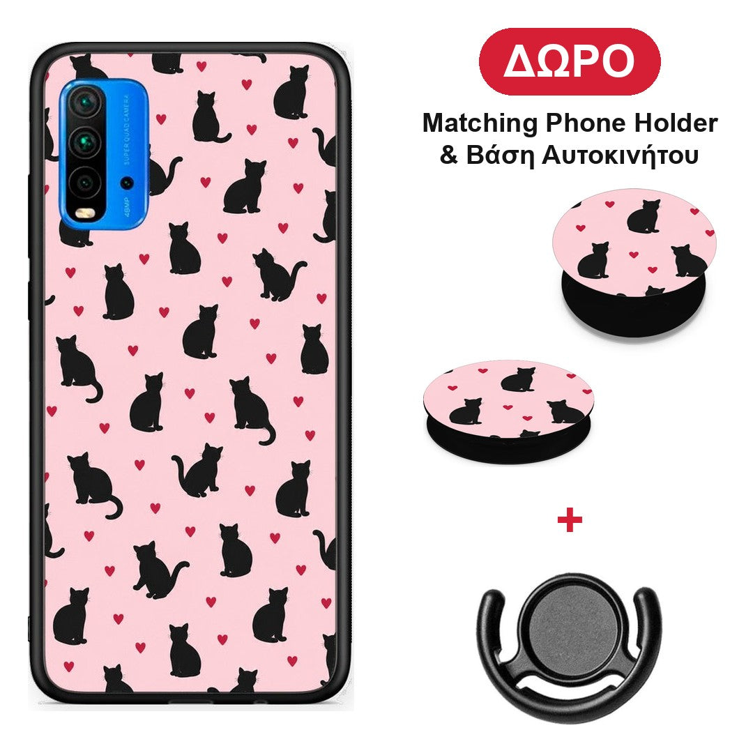 Black Cat Silhouettes and Hearts on Pink - Xiaomi Redmi 9T θήκη + Δώρο Phone Holder & Βάση Αυτοκινήτου