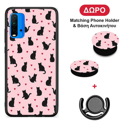 Black Cat Silhouettes and Hearts on Pink - Xiaomi Redmi 9T θήκη + Δώρο Phone Holder & Βάση Αυτοκινήτου