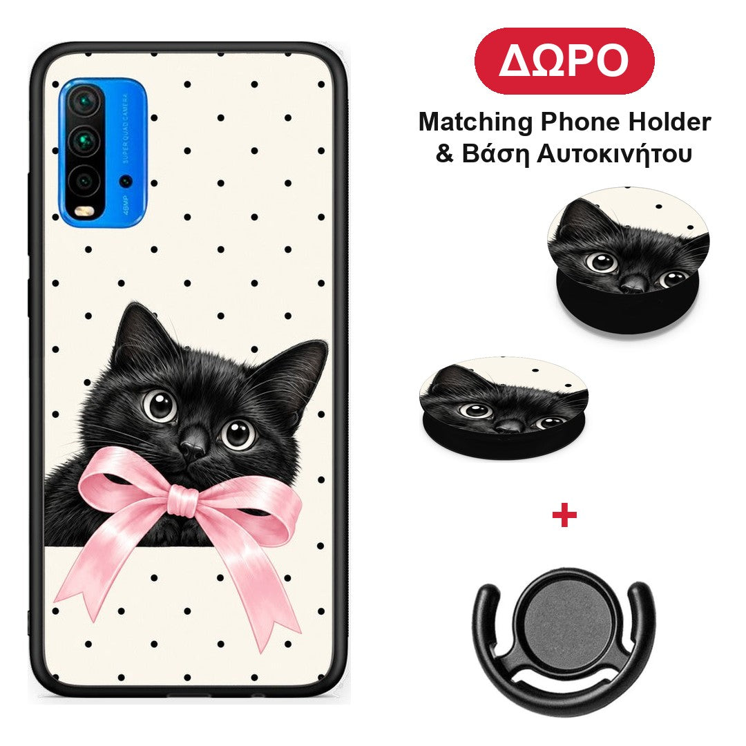 Black Kitten Pink Bow and Polka Dots - Xiaomi Redmi 9T θήκη + Δώρο Phone Holder & Βάση Αυτοκινήτου