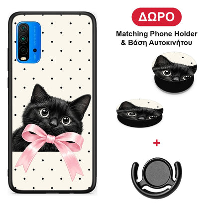 Black Kitten Pink Bow and Polka Dots - Xiaomi Redmi 9T θήκη + Δώρο Phone Holder & Βάση Αυτοκινήτου
