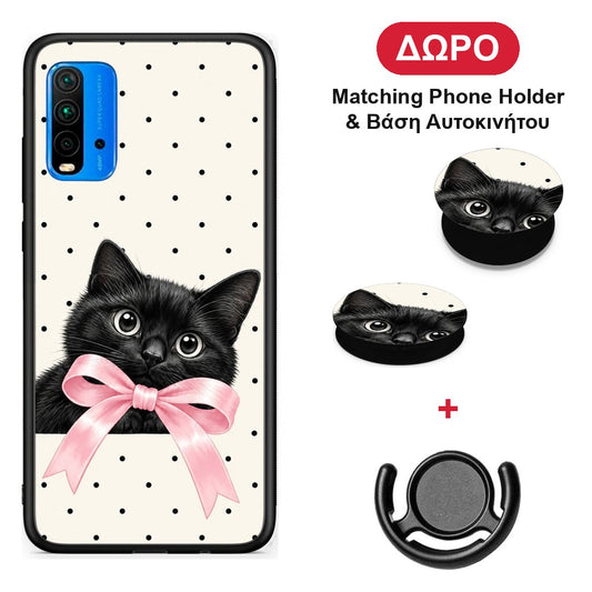 Black Kitten Pink Bow and Polka Dots - Xiaomi Redmi 9T θήκη + Δώρο Phone Holder & Βάση Αυτοκινήτου