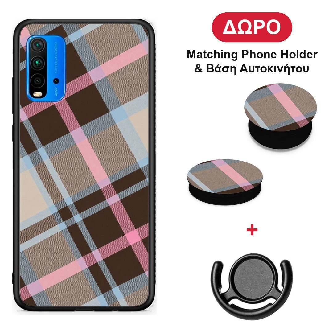 Brown Pink and Blue Diagonal Plaid - Xiaomi Redmi 9T θήκη + Δώρο Phone Holder & Βάση Αυτοκινήτου