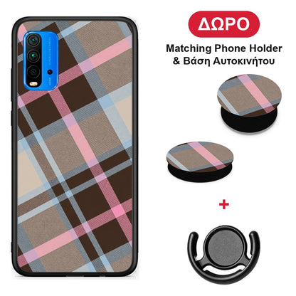 Brown Pink and Blue Diagonal Plaid - Xiaomi Redmi 9T θήκη + Δώρο Phone Holder & Βάση Αυτοκινήτου