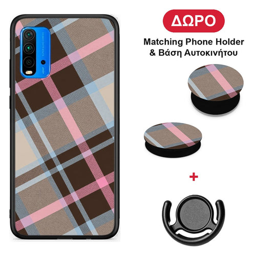 Brown Pink and Blue Diagonal Plaid - Xiaomi Redmi 9T θήκη + Δώρο Phone Holder & Βάση Αυτοκινήτου