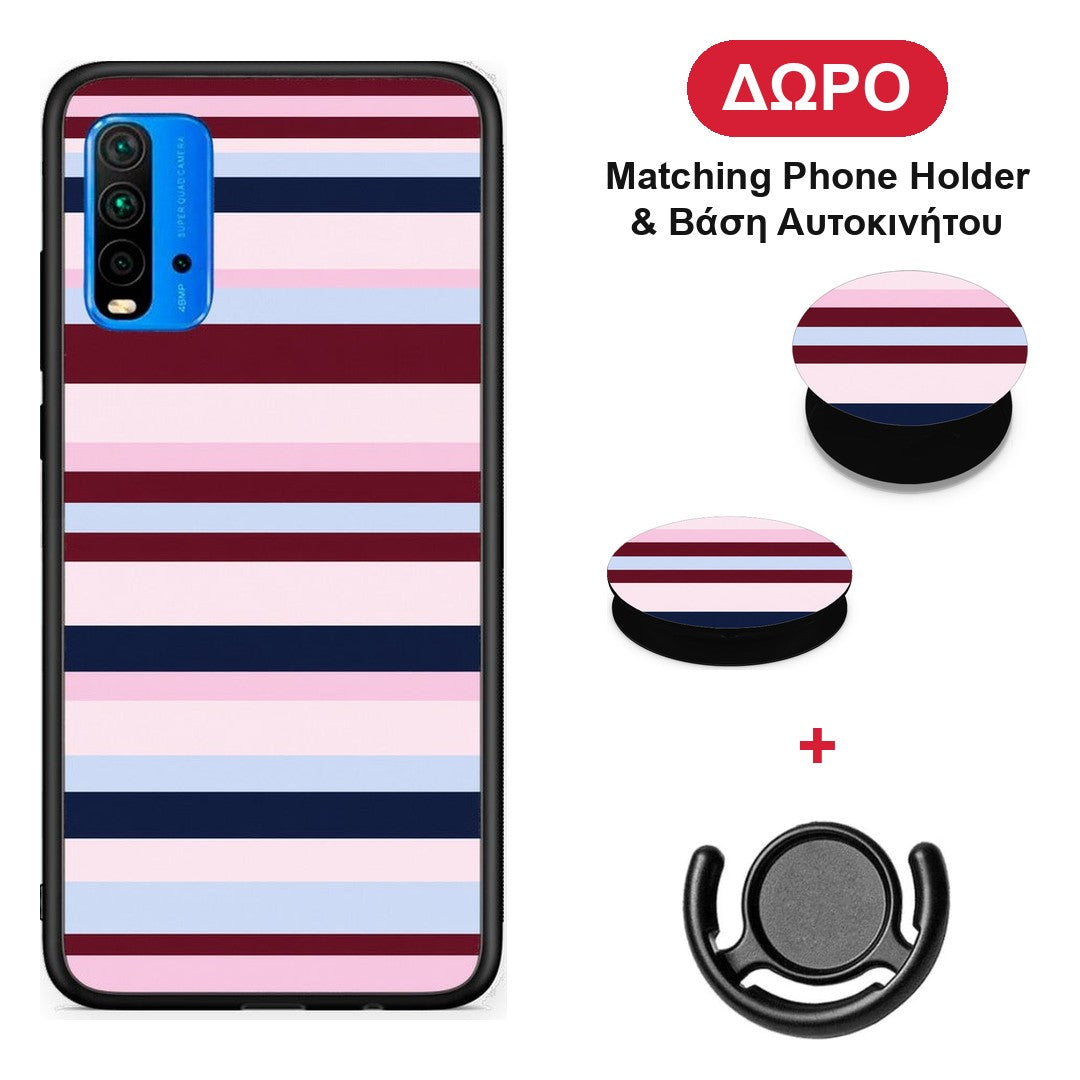 Burgundy Pink and Blue Horizontal Stripes - Xiaomi Redmi 9T θήκη + Δώρο Phone Holder & Βάση Αυτοκινήτου