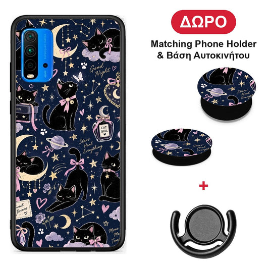 Celestial Black Cats on Navy - Xiaomi Redmi 9T θήκη + Δώρο Phone Holder & Βάση Αυτοκινήτου