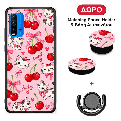 Cherries Bows and Kittens on Pink - Xiaomi Redmi 9T θήκη + Δώρο Phone Holder & Βάση Αυτοκινήτου