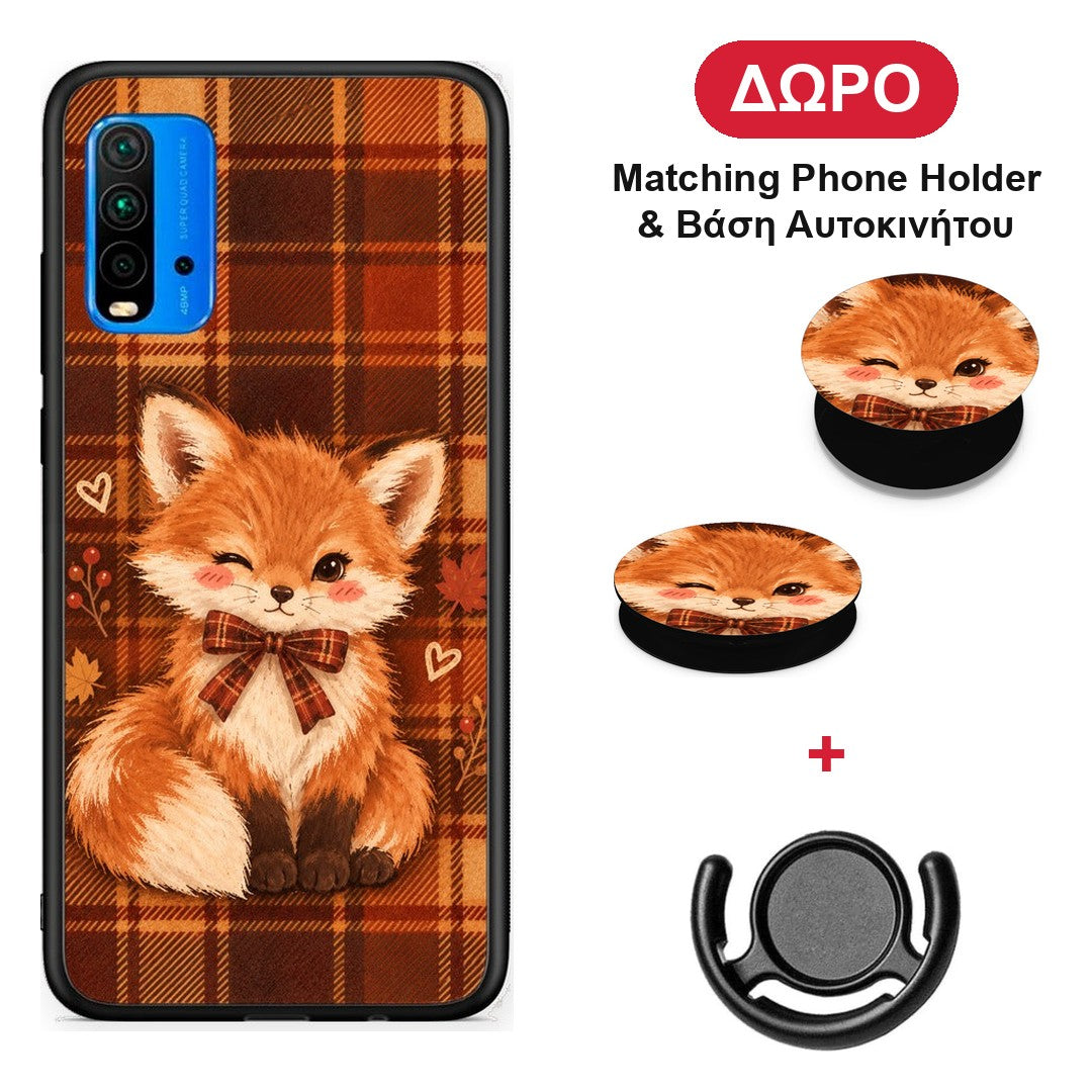 Fox on Autumn Tartan - Xiaomi Redmi 9T θήκη + Δώρο Phone Holder & Βάση Αυτοκινήτου