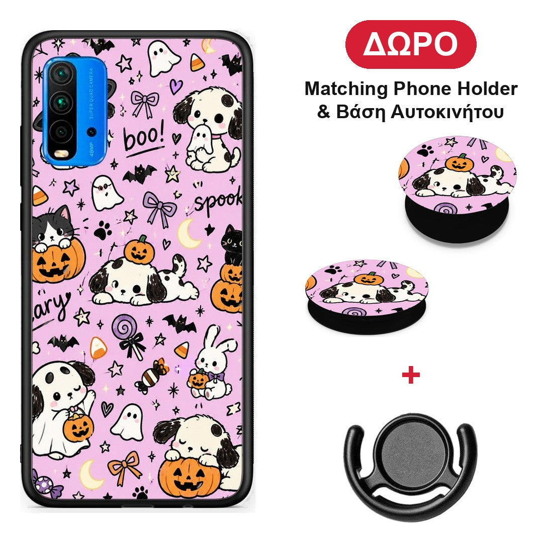 Halloween Puppies and Friends on Lilac - Xiaomi Redmi 9T θήκη + Δώρο Phone Holder & Βάση Αυτοκινήτου