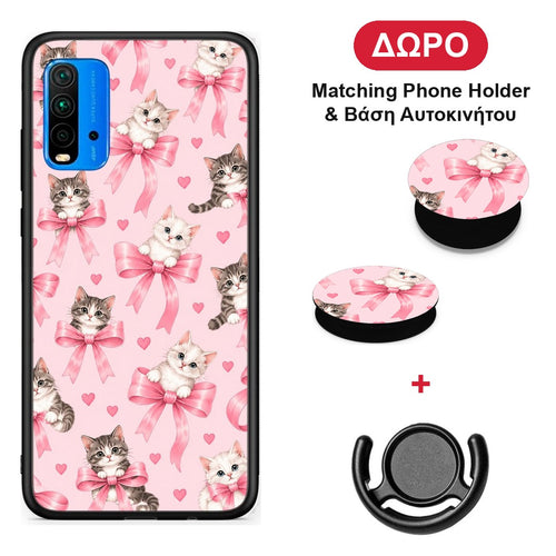 Kittens and Pink Bows on Pink - Xiaomi Redmi 9T θήκη + Δώρο Phone Holder & Βάση Αυτοκινήτου