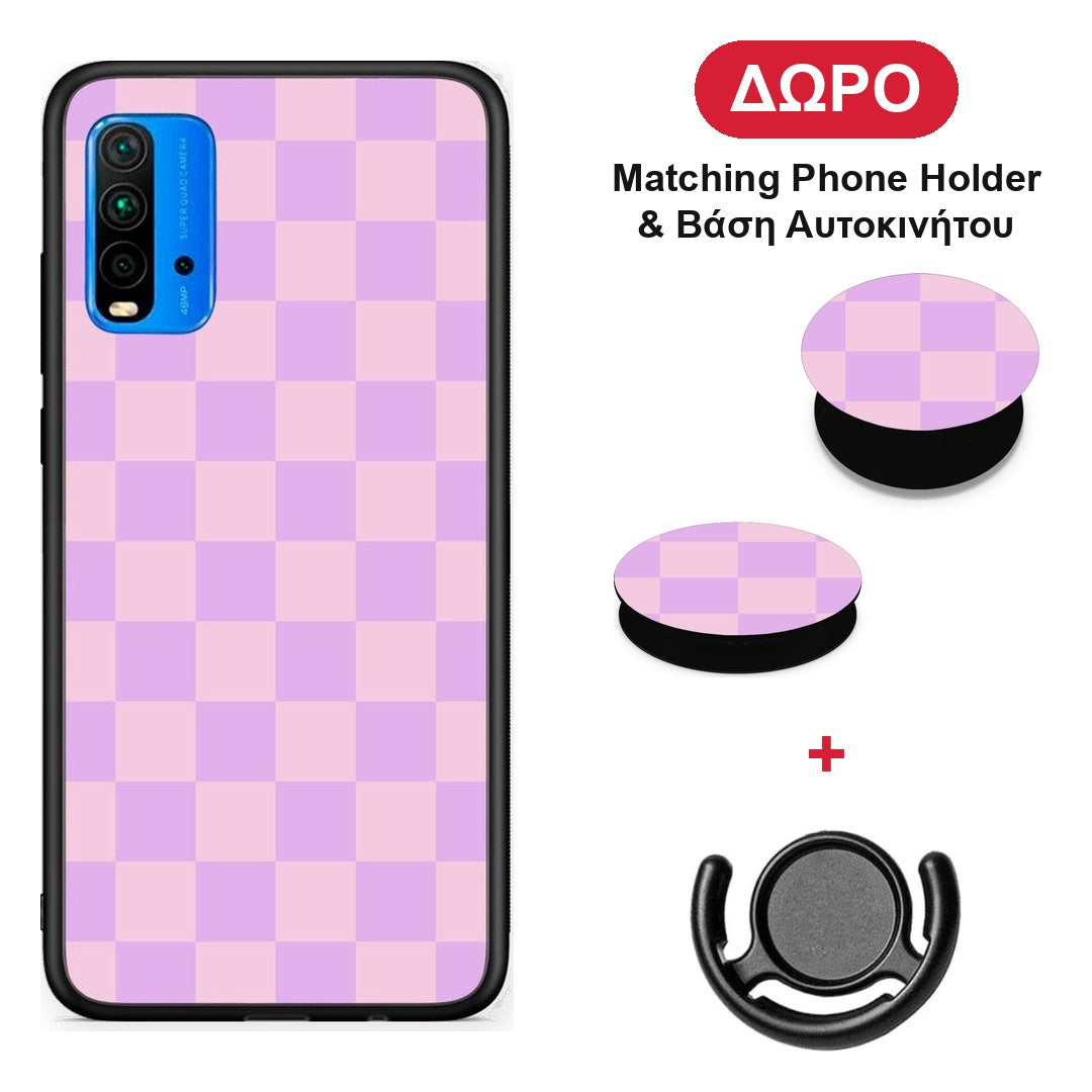 Lavender and Pink Checkerboard - Xiaomi Redmi 9T θήκη + Δώρο Phone Holder & Βάση Αυτοκινήτου
