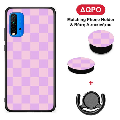 Lavender and Pink Checkerboard - Xiaomi Redmi 9T θήκη + Δώρο Phone Holder & Βάση Αυτοκινήτου