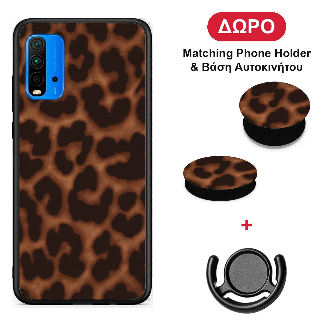 Leopard Print Dark Brown - Xiaomi Redmi 9T θήκη + Δώρο Phone Holder & Βάση Αυτοκινήτου