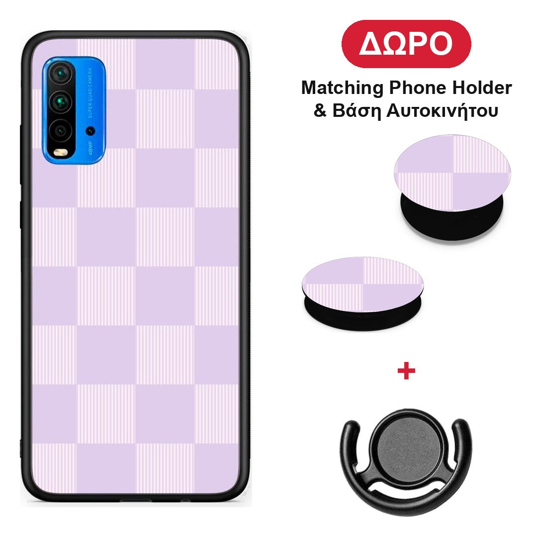 Lilac and Cream Striped Checks - Xiaomi Redmi 9T θήκη + Δώρο Phone Holder & Βάση Αυτοκινήτου