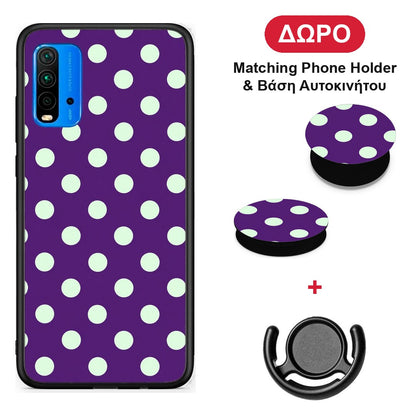 Mint Polka Dots on Purple - Xiaomi Redmi 9T θήκη + Δώρο Phone Holder & Βάση Αυτοκινήτου