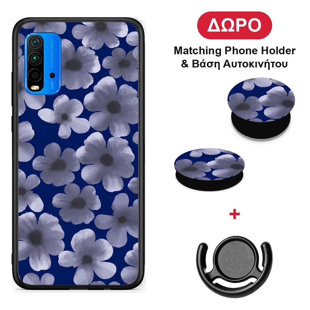 Pale Blue Flowers on Navy - Xiaomi Redmi 9T θήκη + Δώρο Phone Holder & Βάση Αυτοκινήτου