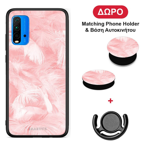 Boho Pink Feather - Xiaomi Redmi 9T θήκη + Δώρο Phone Holder & Βάση Αυτοκινήτου