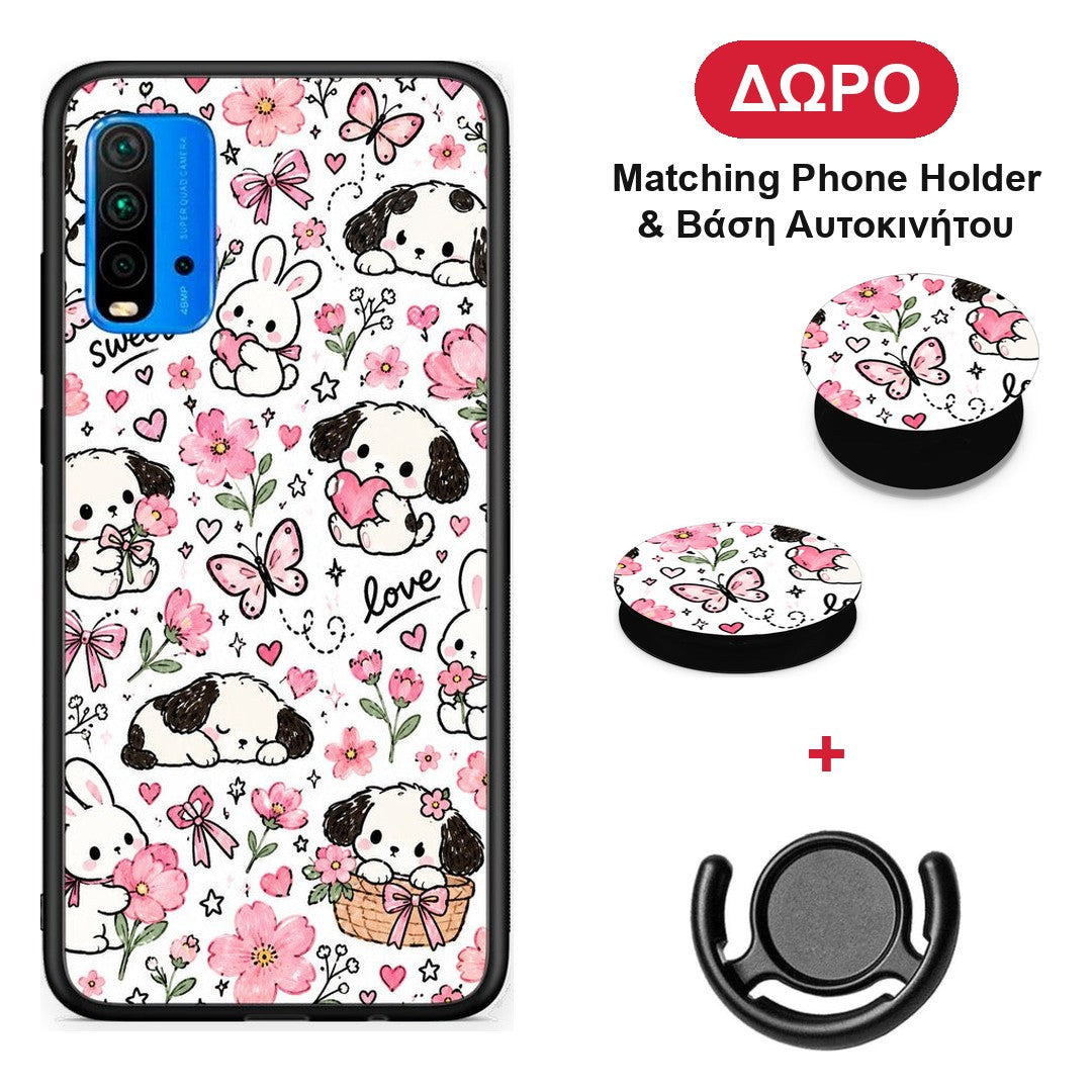 Pink Florals Puppies and Bunnies on White - Xiaomi Redmi 9T θήκη + Δώρο Phone Holder & Βάση Αυτοκινήτου