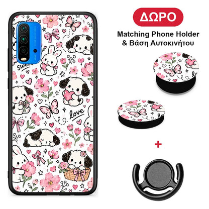 Pink Florals Puppies and Bunnies on White - Xiaomi Redmi 9T θήκη + Δώρο Phone Holder & Βάση Αυτοκινήτου