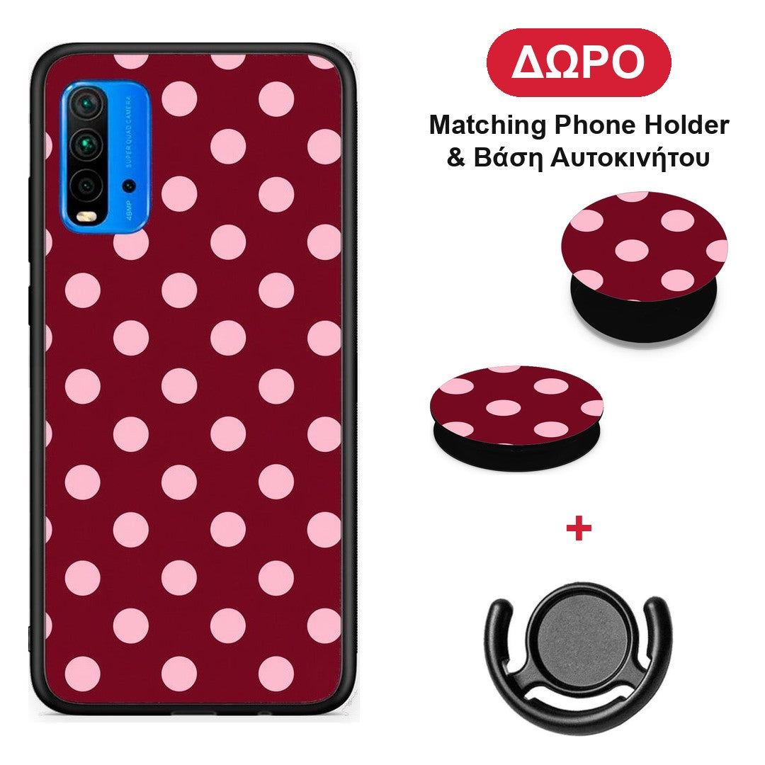 Pink Polka Dots on Burgundy - Xiaomi Redmi 9T θήκη + Δώρο Phone Holder & Βάση Αυτοκινήτου