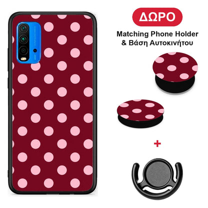 Pink Polka Dots on Burgundy - Xiaomi Redmi 9T θήκη + Δώρο Phone Holder & Βάση Αυτοκινήτου