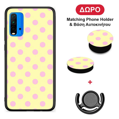 Pink Polka Dots on Yellow - Xiaomi Redmi 9T θήκη + Δώρο Phone Holder & Βάση Αυτοκινήτου