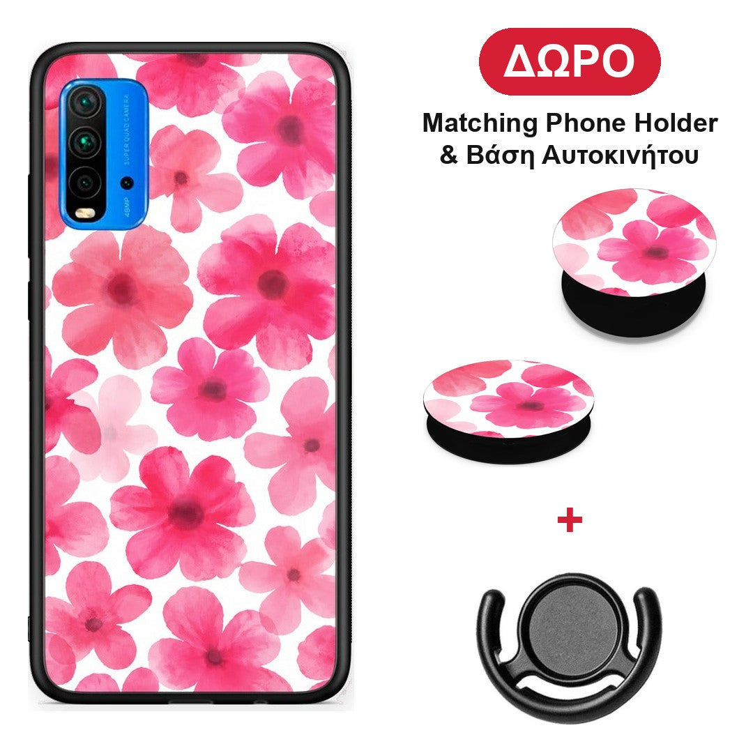 Pink Watercolour Flowers on White - Xiaomi Redmi 9T θήκη + Δώρο Phone Holder & Βάση Αυτοκινήτου