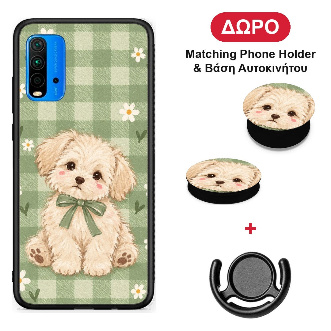 Puppy and Daisies on Sage Gingham - Xiaomi Redmi 9T θήκη + Δώρο Phone Holder & Βάση Αυτοκινήτου