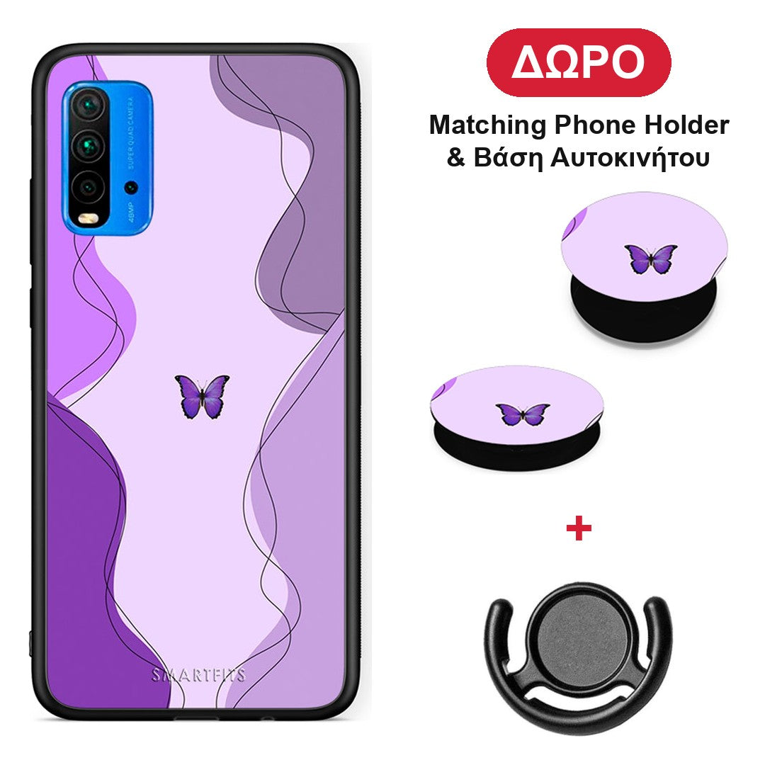 Purple Mariposa - Xiaomi Redmi 9T θήκη + Δώρο Phone Holder & Βάση Αυτοκινήτου