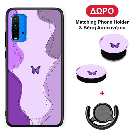 Purple Mariposa - Xiaomi Redmi 9T θήκη + Δώρο Phone Holder & Βάση Αυτοκινήτου
