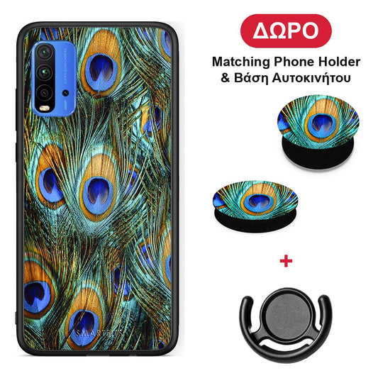 Real Peacock Feathers - Xiaomi Redmi 9T θήκη + Δώρο Phone Holder & Βάση Αυτοκινήτου