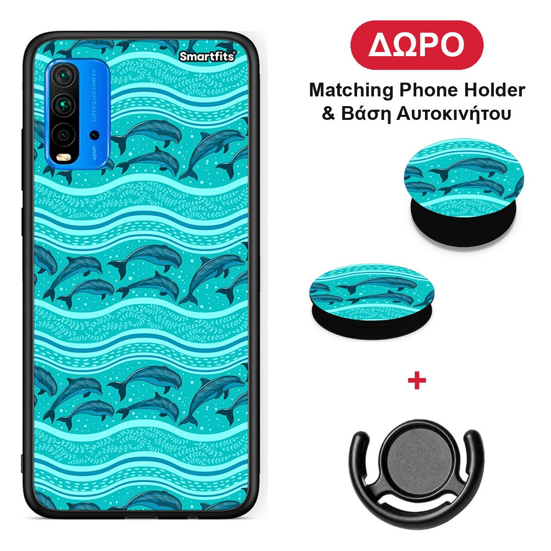 Swimming Dolphins - Xiaomi Redmi 9T θήκη + Δώρο Phone Holder & Βάση Αυτοκινήτου