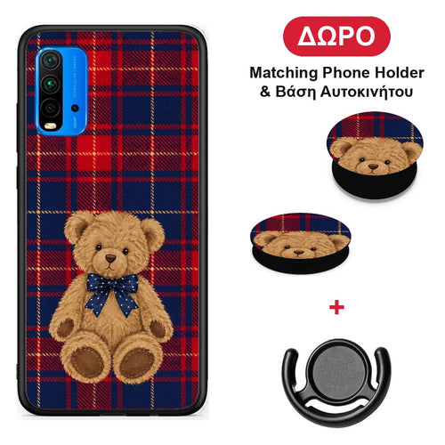 Teddy Bear on Red and Navy Tartan - Xiaomi Redmi 9T θήκη + Δώρο Phone Holder & Βάση Αυτοκινήτου