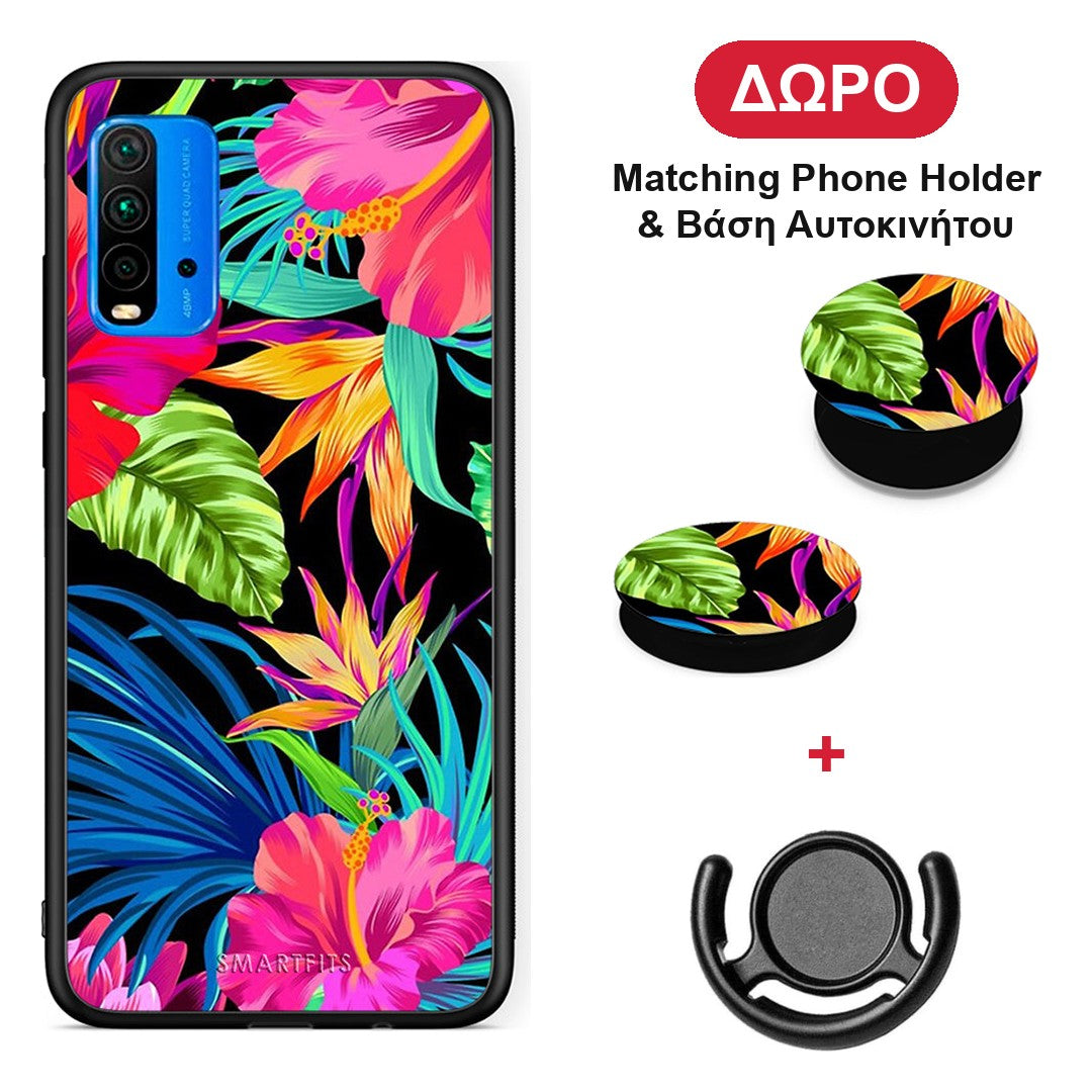 Tropical Flowers - Xiaomi Redmi 9T θήκη + Δώρο Phone Holder & Βάση Αυτοκινήτου