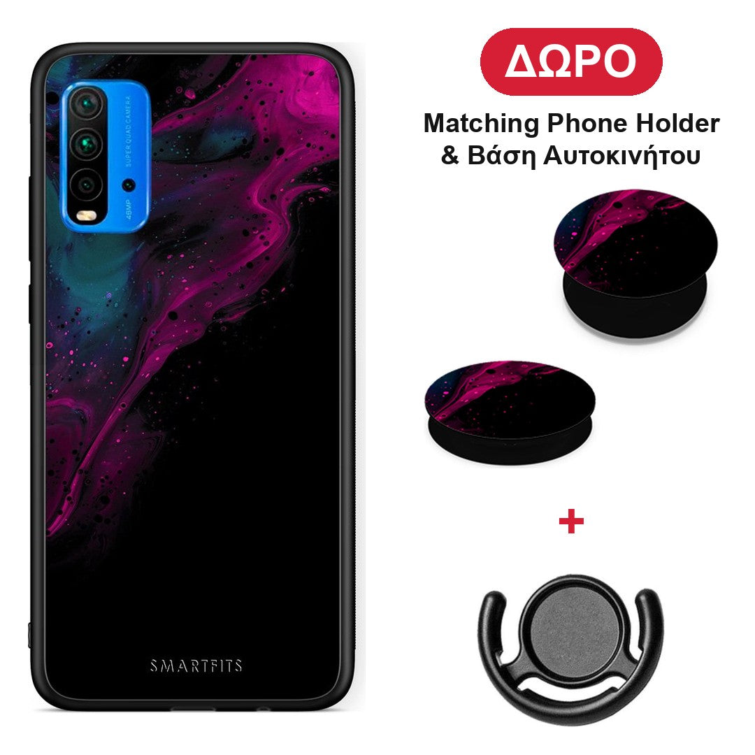 Watercolor Pink Black - Xiaomi Redmi 9T θήκη + Δώρο Phone Holder & Βάση Αυτοκινήτου