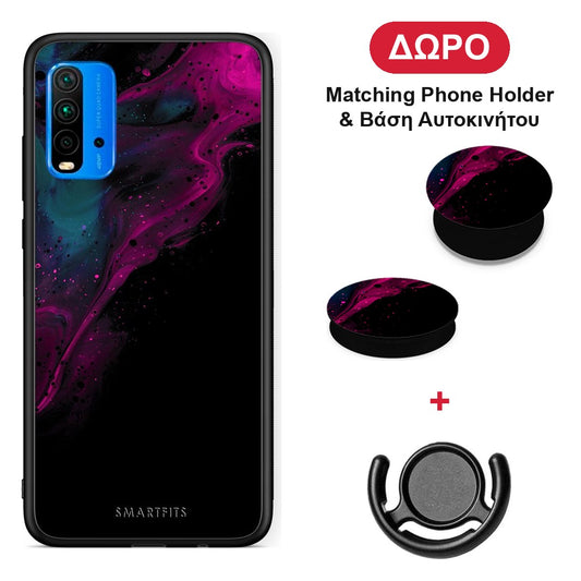 Watercolor Pink Black - Xiaomi Redmi 9T θήκη + Δώρο Phone Holder & Βάση Αυτοκινήτου