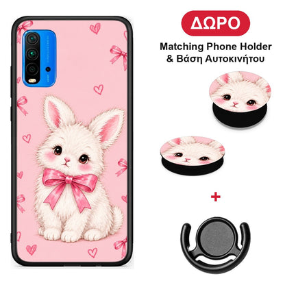 White Bunny and Pink Bows - Xiaomi Redmi 9T θήκη + Δώρο Phone Holder & Βάση Αυτοκινήτου