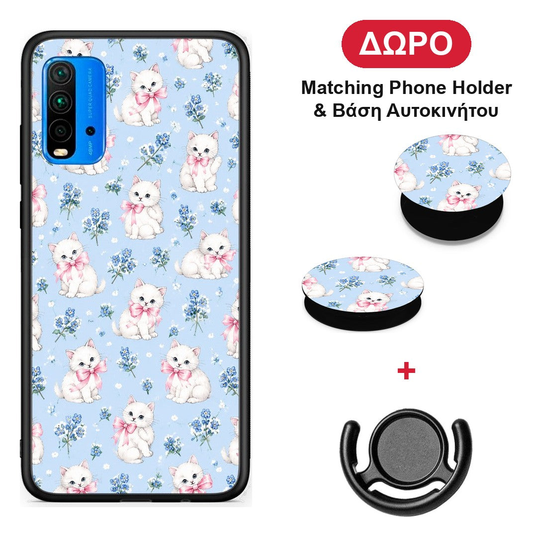 White Kittens and Blue Flowers Small - Xiaomi Redmi 9T θήκη + Δώρο Phone Holder & Βάση Αυτοκινήτου