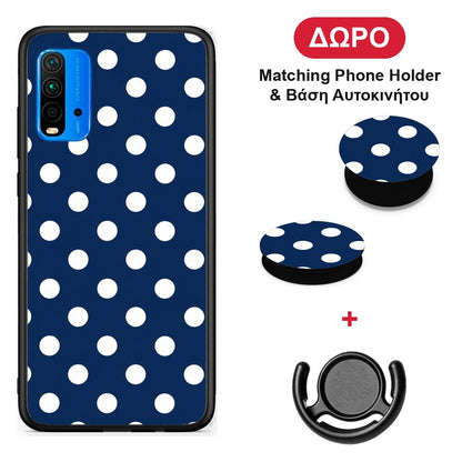 White Large Polka Dots on Navy - Xiaomi Redmi 9T θήκη + Δώρο Phone Holder & Βάση Αυτοκινήτου