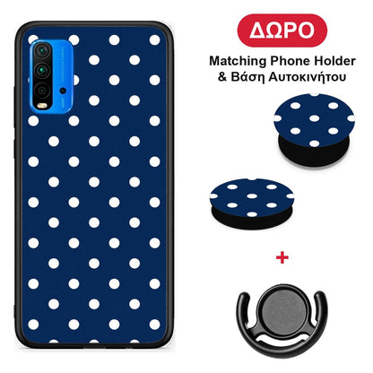 White Small Polka Dots on Navy - Xiaomi Redmi 9T θήκη + Δώρο Phone Holder & Βάση Αυτοκινήτου