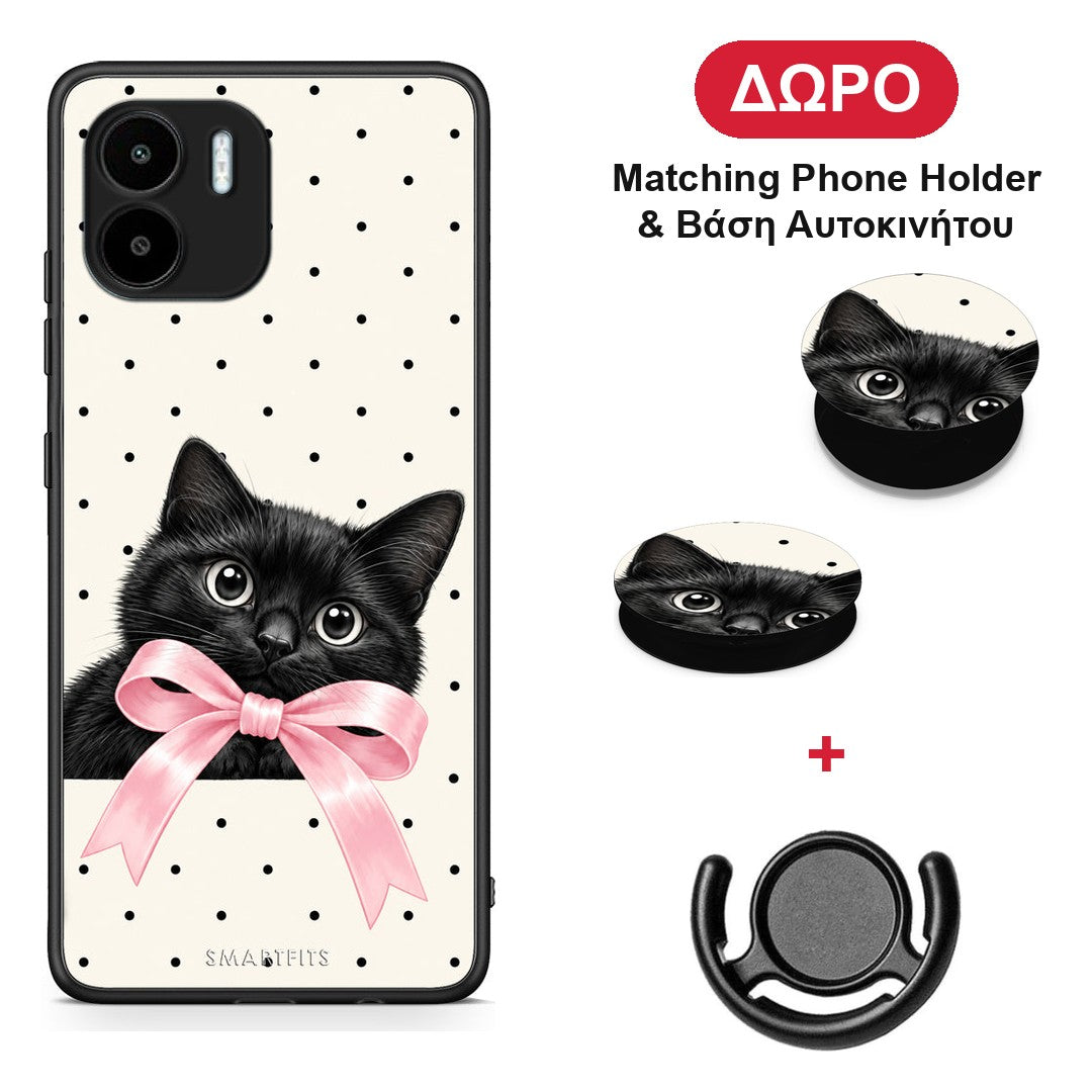 Black Kitten Pink Bow and Polka Dots - Xiaomi Redmi A1 / A2 θήκη + Δώρο Phone Holder & Βάση Αυτοκινήτου